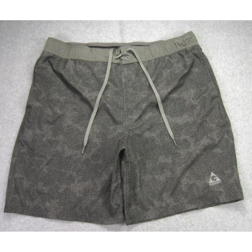 Gerry Mens 37 Swim Trunks Gray Camo AOP Hybrid Lined Boardshorts Built In Brief
